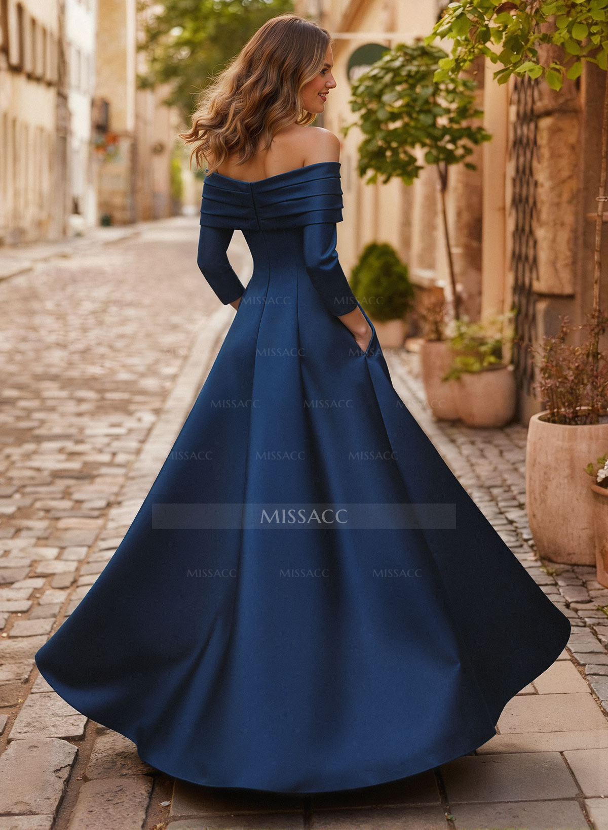 A-Line Off-The-Shoulder Long Sleeves Floor-Length Satin Mother Of The Bride Dresses With Shoulder Ruffle