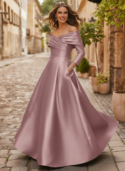 A-Line Off-The-Shoulder Long Sleeves Floor-Length Satin Mother Of The Bride Dresses With Shoulder Ruffle