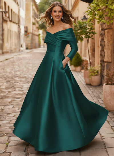 A-Line Off-The-Shoulder Long Sleeves Floor-Length Satin Mother Of The Bride Dresses With Shoulder Ruffle