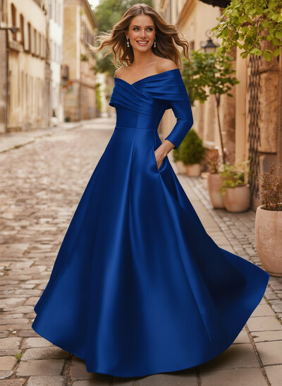 A-Line Off-The-Shoulder Long Sleeves Floor-Length Satin Mother Of The Bride Dresses With Shoulder Ruffle