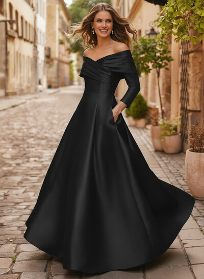A-Line Off-The-Shoulder Long Sleeves Floor-Length Satin Mother Of The Bride Dresses With Shoulder Ruffle