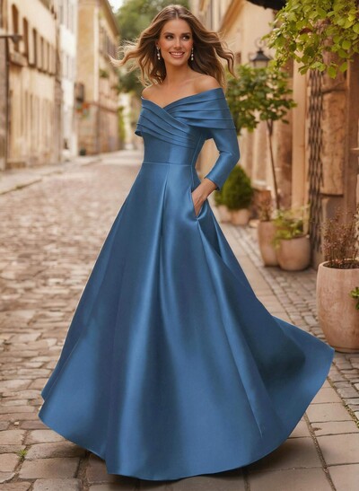 A-Line Off-The-Shoulder Long Sleeves Floor-Length Satin Mother Of The Bride Dresses With Shoulder Ruffle
