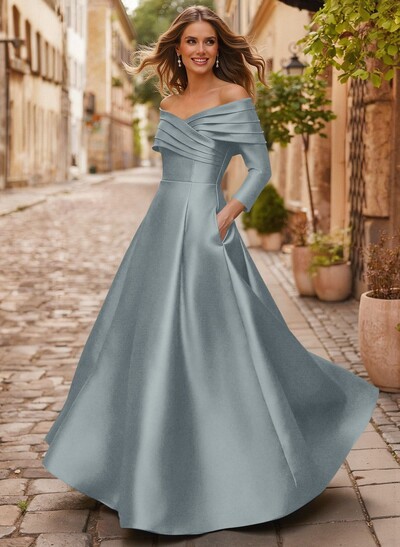 A-Line Off-The-Shoulder Long Sleeves Floor-Length Satin Mother Of The Bride Dresses With Shoulder Ruffle