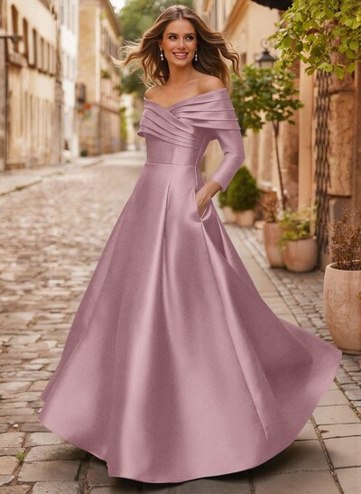 A-Line Off-The-Shoulder Long Sleeves Floor-Length Satin Mother Of The Bride Dresses With Shoulder Ruffle
