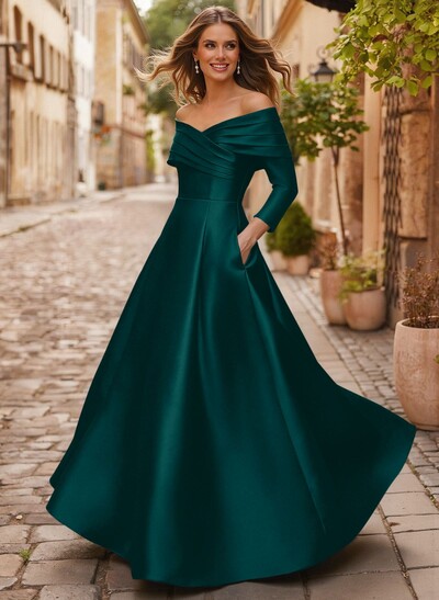 A-Line Off-The-Shoulder Long Sleeves Floor-Length Satin Mother Of The Bride Dresses With Shoulder Ruffle