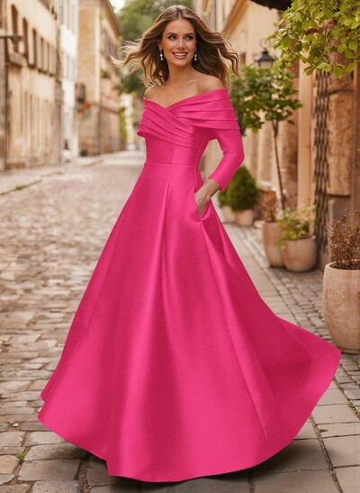 A-Line Off-The-Shoulder Long Sleeves Floor-Length Satin Mother Of The Bride Dresses With Shoulder Ruffle