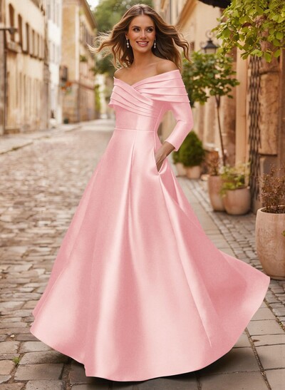 A-Line Off-The-Shoulder Long Sleeves Floor-Length Satin Mother Of The Bride Dresses With Shoulder Ruffle