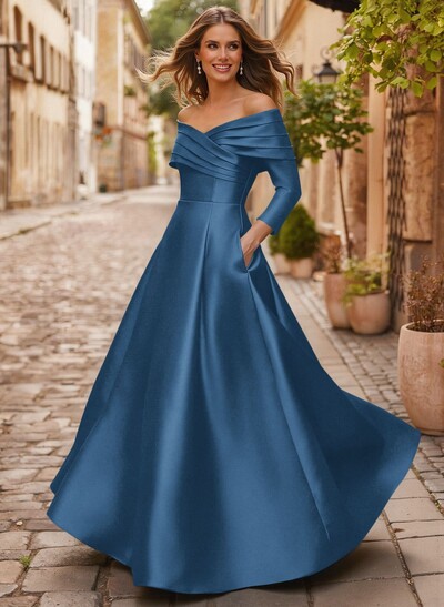 A-Line Off-The-Shoulder Long Sleeves Floor-Length Satin Mother Of The Bride Dresses With Shoulder Ruffle
