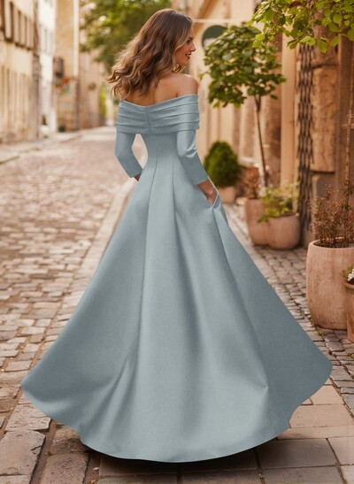 A-Line Off-The-Shoulder Long Sleeves Floor-Length Satin Mother Of The Bride Dresses With Shoulder Ruffle
