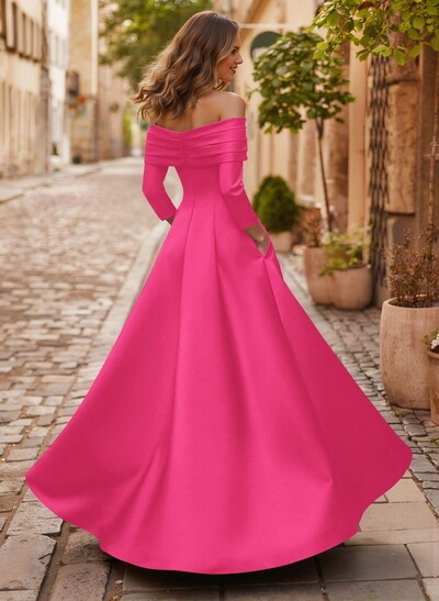 A-Line Off-The-Shoulder Long Sleeves Floor-Length Satin Mother Of The Bride Dresses With Shoulder Ruffle