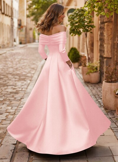 A-Line Off-The-Shoulder Long Sleeves Floor-Length Satin Mother Of The Bride Dresses With Shoulder Ruffle