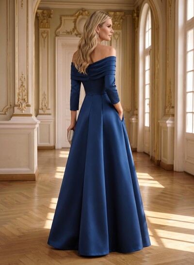 A-Line Off-The-Shoulder Long Sleeves Floor-Length Satin Mother Of The Bride Dresses With Shoulder Ruffle