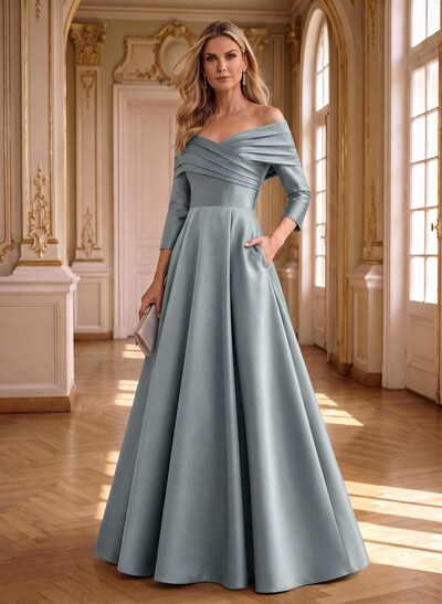 A-Line Off-The-Shoulder Long Sleeves Floor-Length Satin Mother Of The Bride Dresses With Shoulder Ruffle