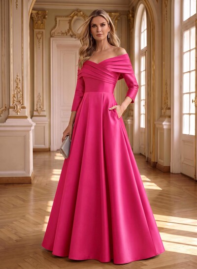 A-Line Off-The-Shoulder Long Sleeves Floor-Length Satin Mother Of The Bride Dresses With Shoulder Ruffle