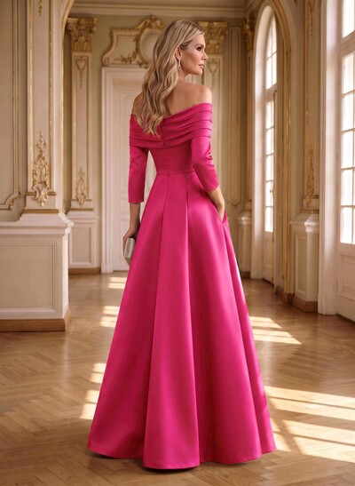 A-Line Off-The-Shoulder Long Sleeves Floor-Length Satin Mother Of The Bride Dresses With Shoulder Ruffle