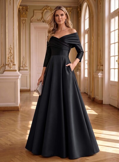 A-Line Off-The-Shoulder Long Sleeves Floor-Length Satin Mother Of The Bride Dresses With Shoulder Ruffle