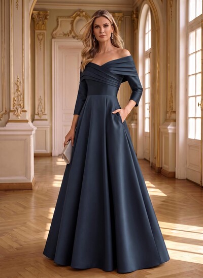 A-Line Off-The-Shoulder Long Sleeves Floor-Length Satin Mother Of The Bride Dresses With Shoulder Ruffle