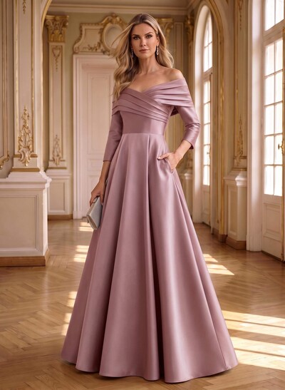 A-Line Off-The-Shoulder Long Sleeves Floor-Length Satin Mother Of The Bride Dresses With Shoulder Ruffle