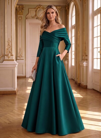 A-Line Off-The-Shoulder Long Sleeves Floor-Length Satin Mother Of The Bride Dresses With Shoulder Ruffle