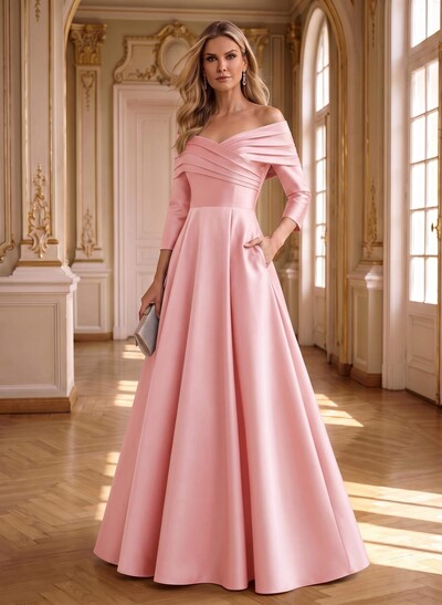 A-Line Off-The-Shoulder Long Sleeves Floor-Length Satin Mother Of The Bride Dresses With Shoulder Ruffle