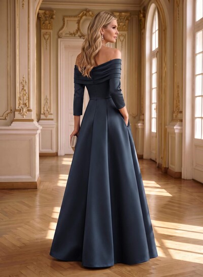 A-Line Off-The-Shoulder Long Sleeves Floor-Length Satin Mother Of The Bride Dresses With Shoulder Ruffle