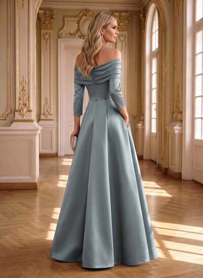 A-Line Off-The-Shoulder Long Sleeves Floor-Length Satin Mother Of The Bride Dresses With Shoulder Ruffle