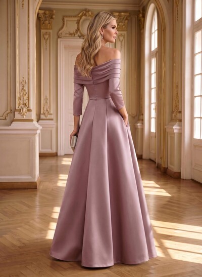 A-Line Off-The-Shoulder Long Sleeves Floor-Length Satin Mother Of The Bride Dresses With Shoulder Ruffle