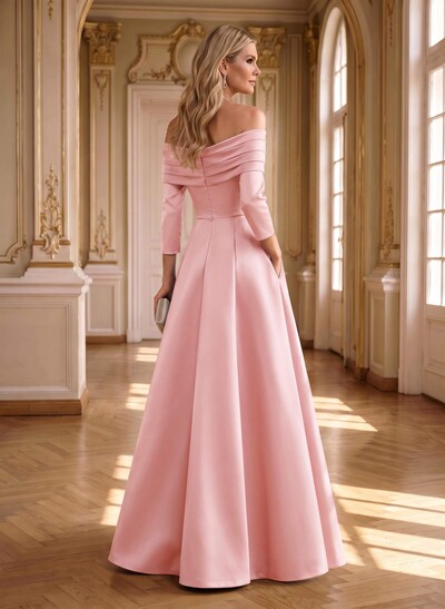 A-Line Off-The-Shoulder Long Sleeves Floor-Length Satin Mother Of The Bride Dresses With Shoulder Ruffle