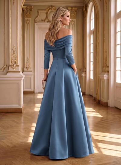 A-Line Off-The-Shoulder Long Sleeves Floor-Length Satin Mother Of The Bride Dresses With Shoulder Ruffle