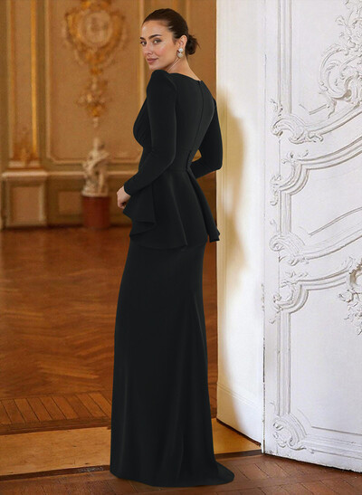 Sheath Column Plunge Neck Long Sleeves Floor-Length Elastic Satin Mother Of The Bride Dresses With Cascading Ruffles