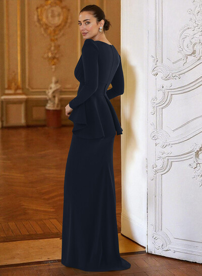 Sheath Column Plunge Neck Long Sleeves Floor-Length Elastic Satin Mother Of The Bride Dresses With Cascading Ruffles