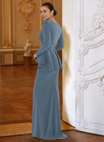 Sheath Column Plunge Neck Long Sleeves Floor-Length Elastic Satin Mother Of The Bride Dresses With Cascading Ruffles