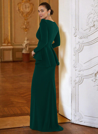 Sheath Column Plunge Neck Long Sleeves Floor-Length Elastic Satin Mother Of The Bride Dresses With Cascading Ruffles