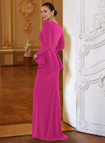 Sheath Column Plunge Neck Long Sleeves Floor-Length Elastic Satin Mother Of The Bride Dresses With Cascading Ruffles