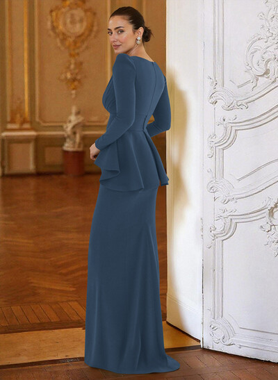 Sheath Column Plunge Neck Long Sleeves Floor-Length Elastic Satin Mother Of The Bride Dresses With Cascading Ruffles
