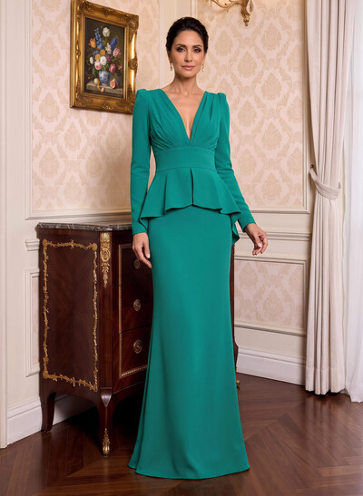 Sheath Column Plunge Neck Long Sleeves Floor-Length Elastic Satin Mother Of The Bride Dresses With Cascading Ruffles