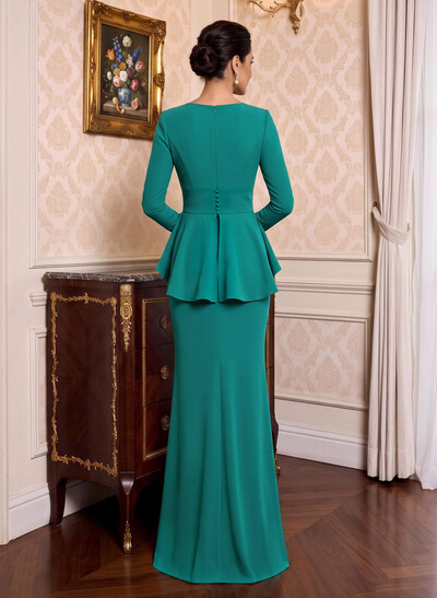 Sheath Column Plunge Neck Long Sleeves Floor-Length Elastic Satin Mother Of The Bride Dresses With Cascading Ruffles