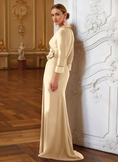 Sheath Column V-Neck 3/4 Sleeves Floor-Length Elastic Satin Mother Of The Bride Dresses With Pleated Flower(s)