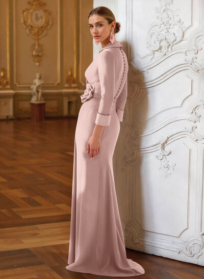 Sheath Column V-Neck 3/4 Sleeves Floor-Length Elastic Satin Mother Of The Bride Dresses With Pleated Flower(s)