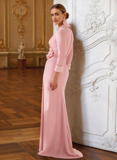 Sheath Column V-Neck 3/4 Sleeves Floor-Length Elastic Satin Mother Of The Bride Dresses With Pleated Flower(s)
