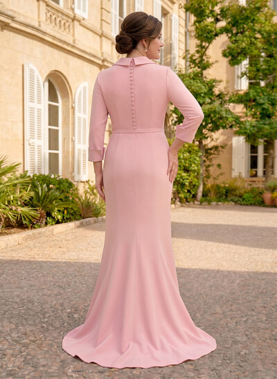 Sheath Column V-Neck 3/4 Sleeves Floor-Length Elastic Satin Mother Of The Bride Dresses With Pleated Flower(s)