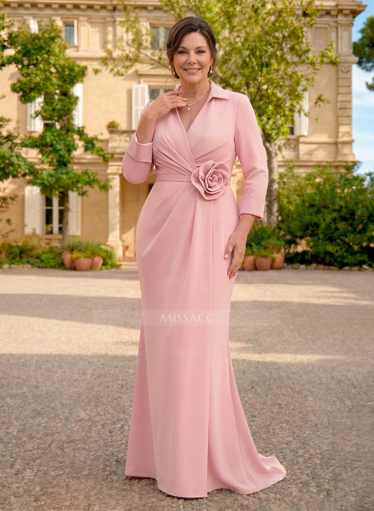 Sheath Column V-Neck 3/4 Sleeves Floor-Length Elastic Satin Mother Of The Bride Dresses With Pleated Flower(s)