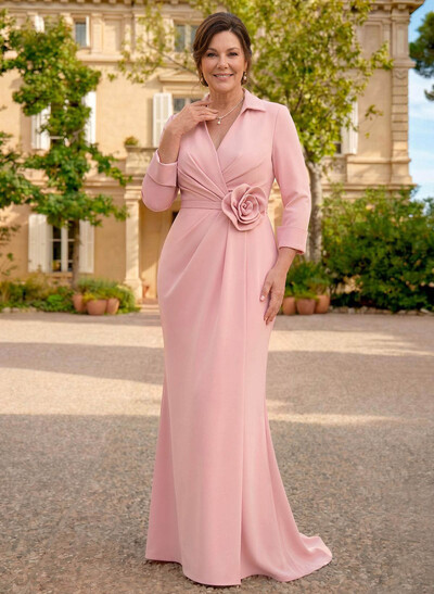 Sheath Column V-Neck 3/4 Sleeves Floor-Length Elastic Satin Mother Of The Bride Dresses With Pleated Flower(s)