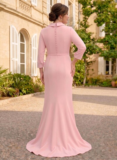 Sheath Column V-Neck 3/4 Sleeves Floor-Length Elastic Satin Mother Of The Bride Dresses With Pleated Flower(s)