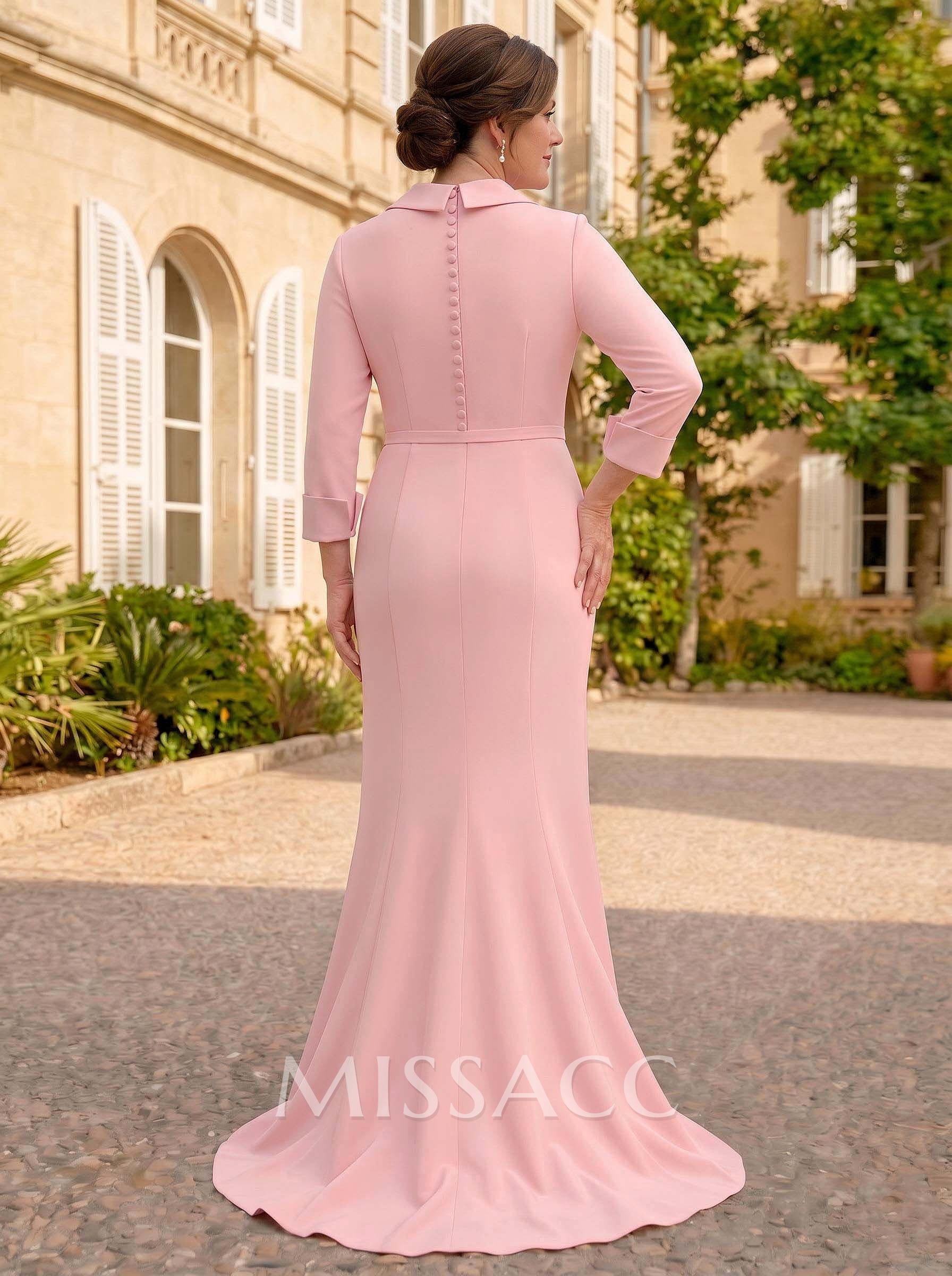 Sheath Column V-Neck 3/4 Sleeves Floor-Length Elastic Satin Mother Of The Bride Dresses With Pleated Flower(s) Sheath Column V-Neck 3/4 Sleeves Floor-Length Elastic Satin Mother Of The Bride Dresses With Pleated Flower(s)