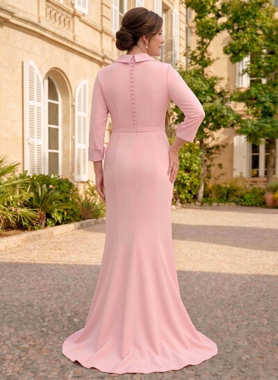 Fitted Column V-Neck 3/4 Sleeve Stretch Satin Mother Of The Bride Dress With Sweep Train, Pleats And Floral Details