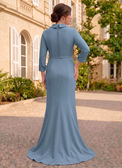 Sheath/Column V-Neck 3/4 Sleeves Sweep Train Elastic Satin Mother Of The Bride Dresses With Pleated/Flower