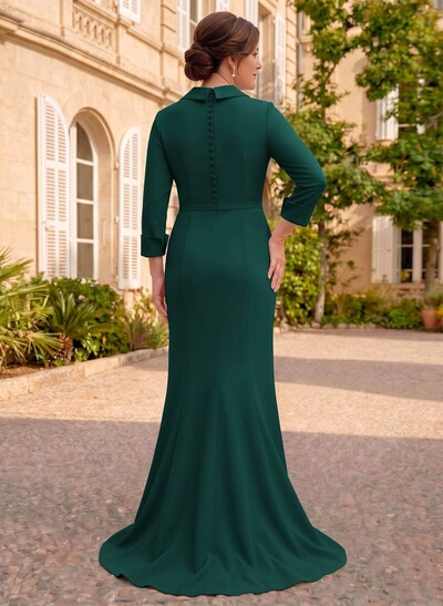 Sheath/Column V-Neck 3/4 Sleeves Sweep Train Elastic Satin Mother Of The Bride Dresses With Pleated/Flower