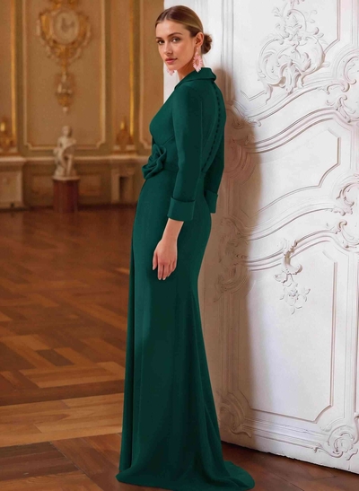 Sheath/Column V-Neck 3/4 Sleeves Sweep Train Elastic Satin Mother Of The Bride Dresses With Pleated/Flower
