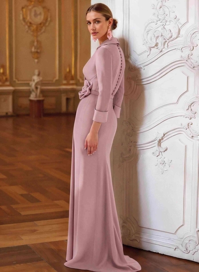 Sheath/Column V-Neck 3/4 Sleeves Sweep Train Elastic Satin Mother Of The Bride Dresses With Pleated/Flower